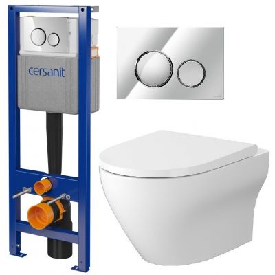 Zestaw Cersanit Larga miska WC z deską wolnoopadającą i stelaż podtynkowy z przyciskiem spłukującym chrom (S701885, S701778)