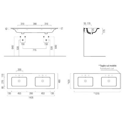 GSI Pura umywalka 142x46 cm prostokątna wpuszczana-podwójna biały mat 8889109