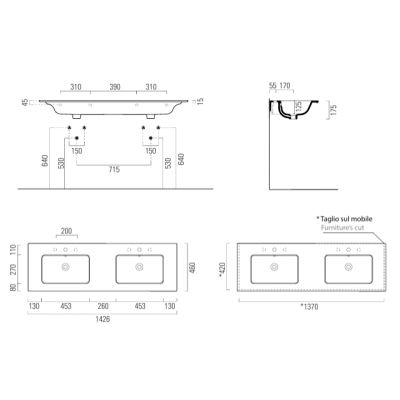 GSI Pura umywalka 142x46 cm prostokątna wpuszczana-podwójna biała 8889111