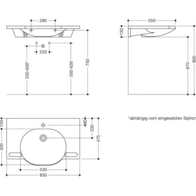 Hewi umywalka 85x55 cm prostokątna z blatem dla niepełnosprawnych biała 950.11.601
