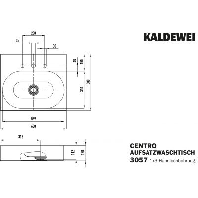 Kaldewei Centro umywalka 60x50 cm nablatowa prostokątna model 3057 biała 903006033001