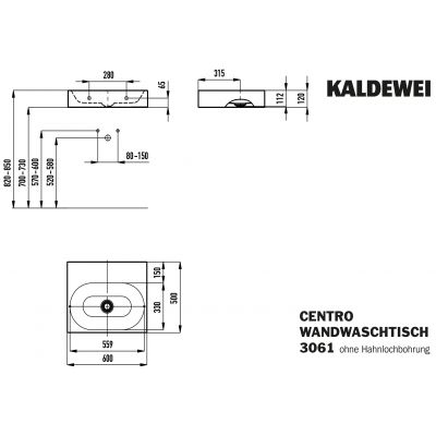 Kaldewei Centro umywalka 60x50 cm ścienna prostokątna model 3061 biała 903406003001