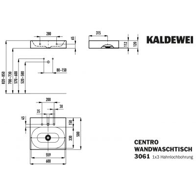 Kaldewei Centro umywalka 60x50 cm ścienna prostokątna model 3061 biała 903406033001