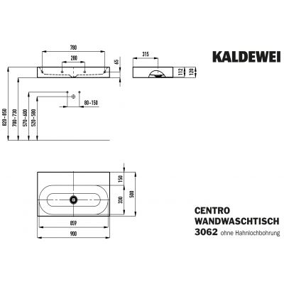 Kaldewei Centro umywalka 90x50 cm ścienna prostokątna model 3062 biała 903506003001