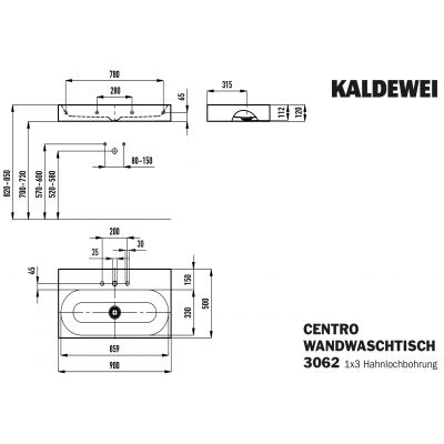 Kaldewei Centro umywalka 90x50 cm ścienna prostokątna model 3062 biała 903506033001