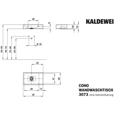 Kaldewei Cono umywalka 55x30 cm ścienna prostokątna prawa model 3073 biała 908006003001