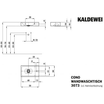 Kaldewei Cono umywalka 55x30 cm ścienna prostokątna lewa model 3073 biała 908006393001