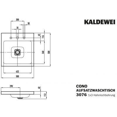 Kaldewei Cono umywalka 50 cm nablatowa kwadratowa model 3076 biała 908306033001