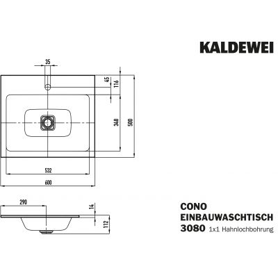 Kaldewei Cono umywalka 60x50 cm wpuszczana prostokątna model 3080 biała 901606013001