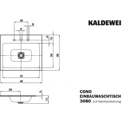 Kaldewei Cono umywalka 60x50 cm wpuszczana prostokątna model 3080 biała 901606033001