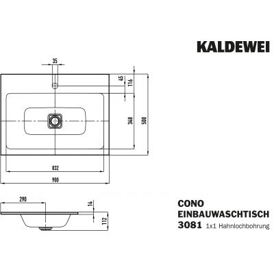 Kaldewei Cono umywalka 90x50 cm wpuszczana prostokątna model 3081 biała 901706013001