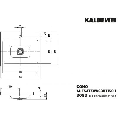Kaldewei Cono umywalka 60x50 cm nablatowa prostokątna model 3083 biała 901906013001
