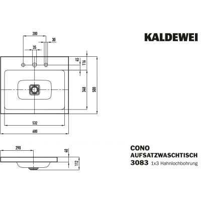 Kaldewei Cono umywalka 60x50 cm nablatowa prostokątna model 3083 biała 901906033001
