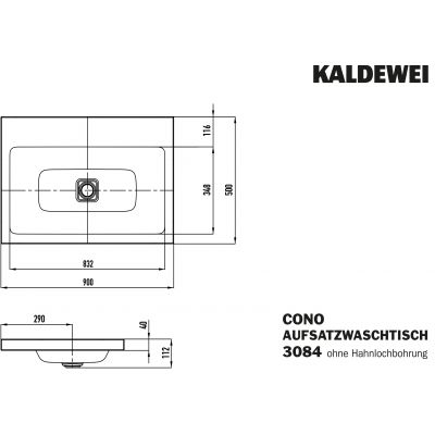 Kaldewei Cono umywalka 90x50 cm nablatowa prostokątna model 3084 biała 902006003001