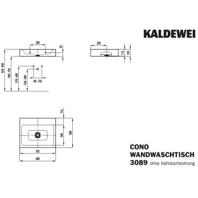 Kaldewei Cono umywalka 60x50 cm ścienna prostokątna model 3089 biała 902506003001