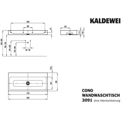 Kaldewei Cono umywalka 120x50 cm ścienna prostokątna model 3091 biała 902706003001