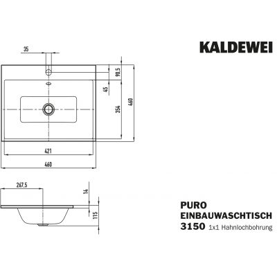 Kaldewei Puro umywalka 46 cm wpuszczana kwadratowa model 3150 biała 900006013001