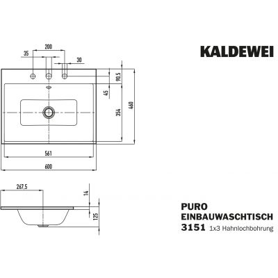 Kaldewei Puro umywalka 60x46 cm wpuszczana prostokątna model 3151 biała 900106033001