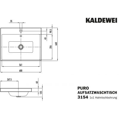 Kaldewei Puro umywalka 60x46 cm nablatowa prostokątna model 3154 biała 900406013001