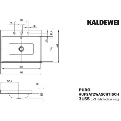 Kaldewei Puro umywalka 90x46 cm nablatowa prostokątna model 3155 biała 900506033001