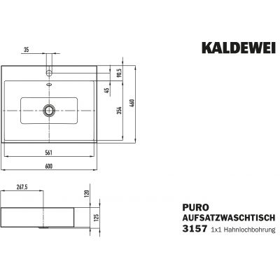 Kaldewei Puro umywalka 60x46 cm nablatowa prostokątna model 3157 biała 900706013001