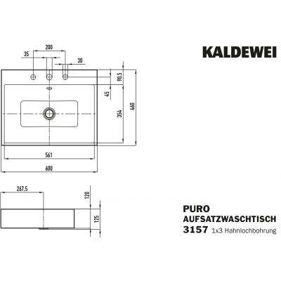 Kaldewei Puro umywalka 60x46 cm nablatowa prostokątna model 3157 biała 900706033001