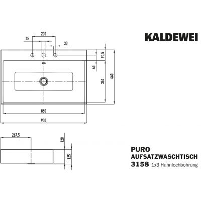Kaldewei Puro umywalka 90x46 cm nablatowa prostokątna model 3158 biała 900806033001