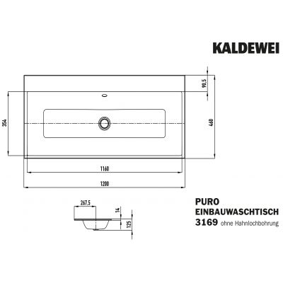 Kaldewei Puro umywalka 120x46 cm wpuszczana prostokątna model 3169 biała 907106003001