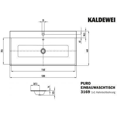 Kaldewei Puro umywalka 120x46 cm wpuszczana prostokątna model 3169 biała 907106013001