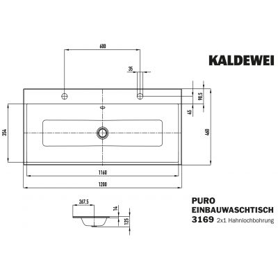 Kaldewei Puro umywalka 120x46 cm wpuszczana prostokątna model 3169-D biała 907106043001