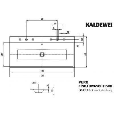 Kaldewei Puro umywalka 120x46 cm wpuszczana prostokątna model 3169-D biała 907106053001