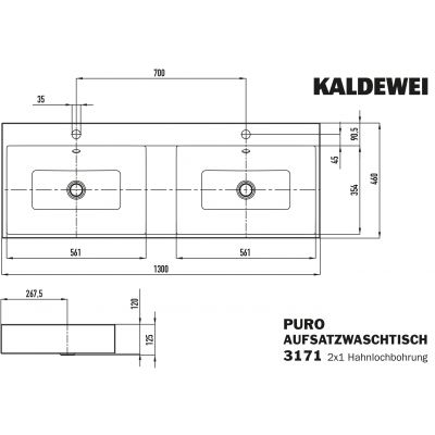 Kaldewei Puro umywalka 130x46 cm nablatowa prostokątna model 3171 biała 907206043001