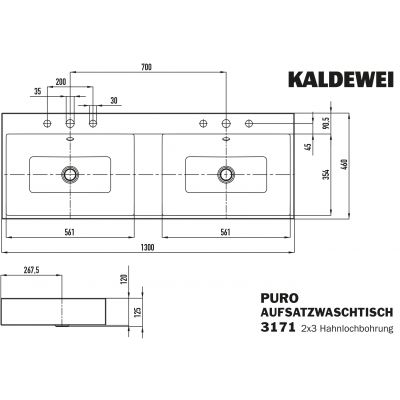 Kaldewei Puro umywalka 130x46 cm nablatowa prostokątna model 3171 biała 907206053001