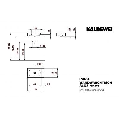 Kaldewei Puro umywalka 55x30 cm ścienna prostokątna model 3162 prawa biała 901206313001