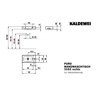 Kaldewei Puro umywalka 55x30 cm ścienna prostokątna model 3162 lewa biała 901206393001