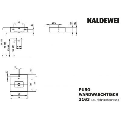 Kaldewei Puro umywalka 46 cm ścienna kwadratowa model 3163 biała 901306013001