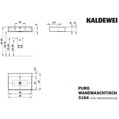 Kaldewei Puro umywalka 60x46 cm ścienna prostokątna model 3164 biały 901406003001
