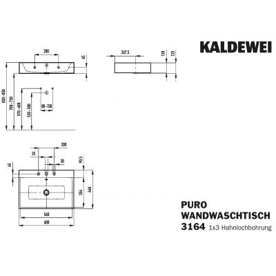 Kaldewei Puro umywalka 60x46 cm ścienna prostokątna model 3164 biały 901406033001