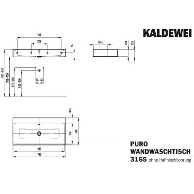 Kaldewei Puro umywalka 90x46 cm ścienna prostokątna model 3165 biała 901506003001