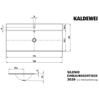 Kaldewei Silenio umywalka 120x46 cm wpuszczana prostokątna model 3039 biała 907906303001