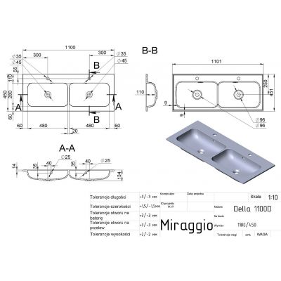 Miraggio Della Matt umywalka 110,1x45,1 cm prostokątna wpuszczana biały mat 0000169