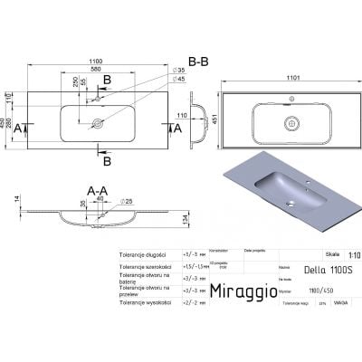 Miraggio Della Matt umywalka 110,1x45,1 cm prostokątna wpuszczana biały mat 0000171