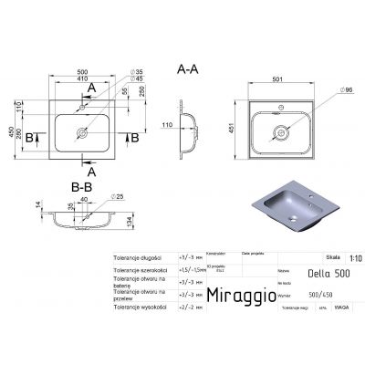 Miraggio Della Matt umywalka 50,1x45,1 cm prostokątna wpuszczana biały mat 0000175