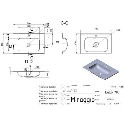 Miraggio Della Matt umywalka 70x45 cm prostokątna wpuszczana biały mat 0000179