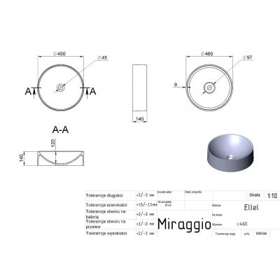 Miraggio Ellel Matt umywalka 46 cm okrągła nablatowa biały mat 0000186