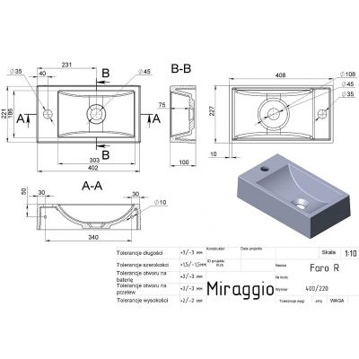 Miraggio Faro Matt umywalka 40,8x22,7 cm prostokątna nablatowa biały mat 0000193