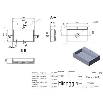 Miraggio Mares Matt umywalka 59x42,6 cm prostokątna nablatowa biały mat 0000214