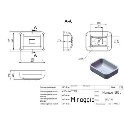 Miraggio Monaco Matt umywalka 59,5x44,7 cm prostokątna nablatowa biały mat 0000219