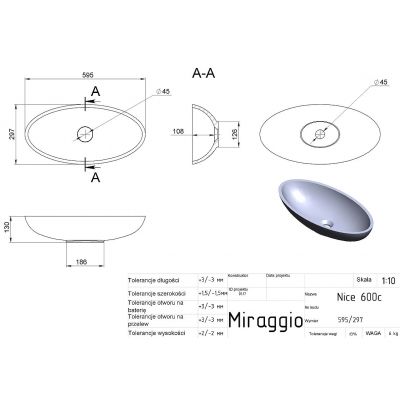 Miraggio Nice Matt umywalka 59,5x29,7 cm owalna nablatowa biały mat 0000223