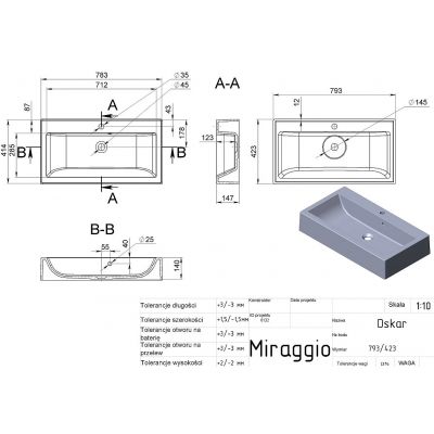 Miraggio Oskar Matt umywalka 79,3x42,3 cm prostokątna nablatowa biały mat 0000229